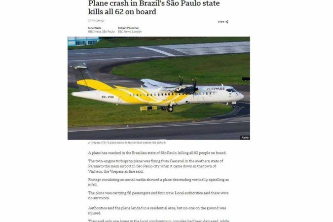 Site da BBC notícia tragédia no interior de São Paulo