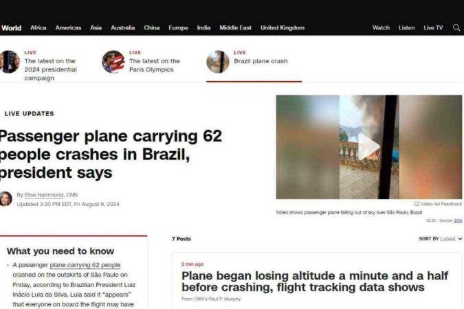 Página da CNN noticia acidente aéreo no interior de São Paulo