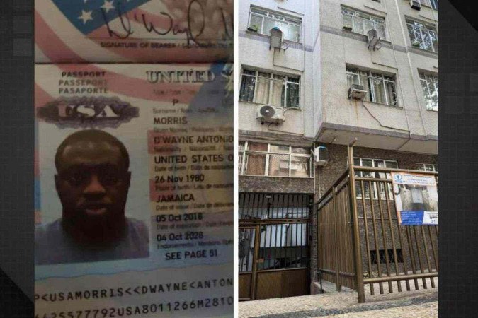 Foto de passaporte do turista encontrado morto no Rio e fachada do edifício onde corpo foi encontrado -  (crédito: Reprodução/passaporte - Giovanna Caselatto/Rádio Tupi Rio)