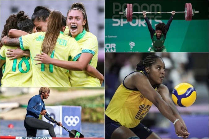 A Seleção Brasileira de futebol feminino (esquerda superior); Laura Amaro (direita superior), do levantamento de peso; Valdenice Conceição (inferior esquerda), da canoagem; e Ana Cristina (inferior direita), do vôlei -  (crédito: Gaspar Nóbrega/COB; Marina Ziehe/COB; Miriam Jeske/COB; Alexandre Loureiro/COB	)