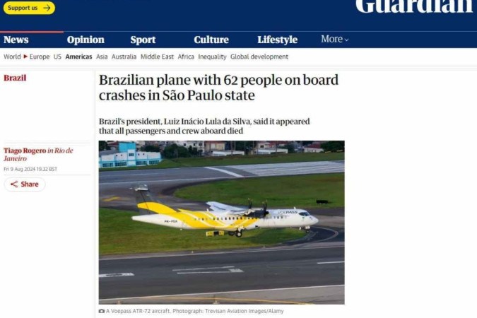 O britânico The Guardian citou o anúncio do acidente feito pelo presidente Lula, que pediu um minuto de silêncio pelas vítimas durante agenda oficial em Santa Catarina -  (crédito: Reprodução)