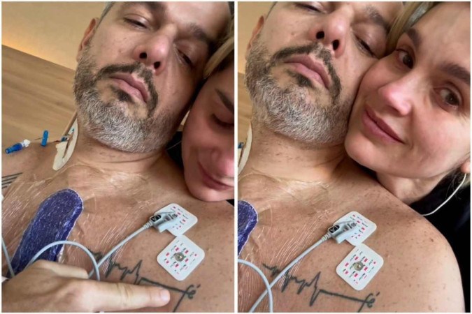 Flávia Alessandra e Otaviano Costa aparecem emocionados em vídeo em que a atriz celebra um mês de recuperação do marido após cirurgia de aneurisma da aorta -  (crédito: Instagram @flaviaalessandra/Reprodução)