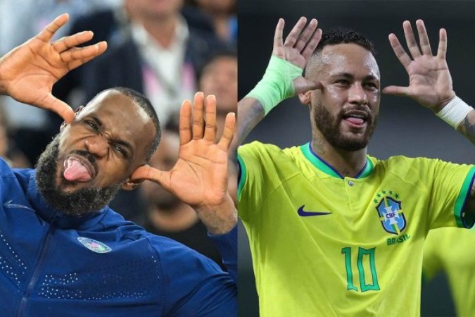 Lebron James ao melhor estilo Neymar na comemoração do ouro olímpico do basquete nos Jogos Olímpicos.  -  (crédito: Fotos: Damien Meyer/AFP via Getty Images e Vitor Silva / CBF)