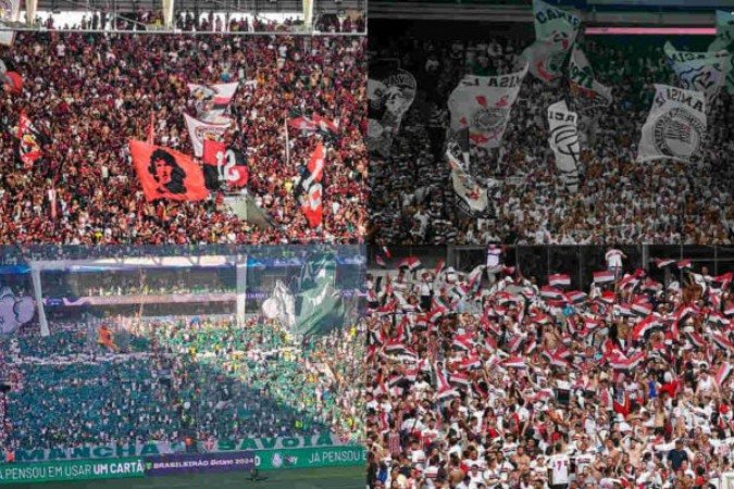 Flamengo, Corinthians, Palmeiras e São Paulo no Top4 entre as maiores torcidas do Brasil  -  (crédito: Fotos: Lucas Bayer / Jogada10, Rodrigo Coca / Ag. Corinthians, Felipe Camin / Jogada10 e Rubens Chiri / saopaulofc.net)