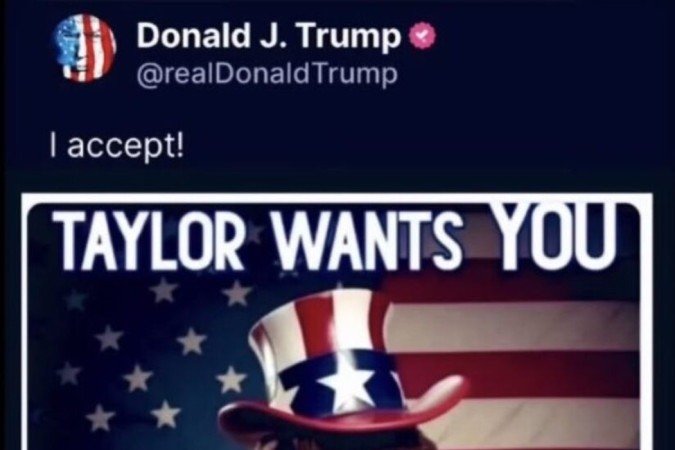 Pôster gerado com inteligência artificial mostra cantora Taylor Swift apoiando Trump 