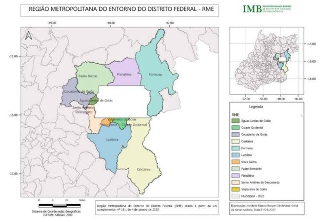 Mapa da Região Metropolitana do Entorno do Distrito Federal, reconhecida pelo IBGE em 2024 -  (crédito: Reprodução/Governo de Goiás/Instituto Mauro Borges)