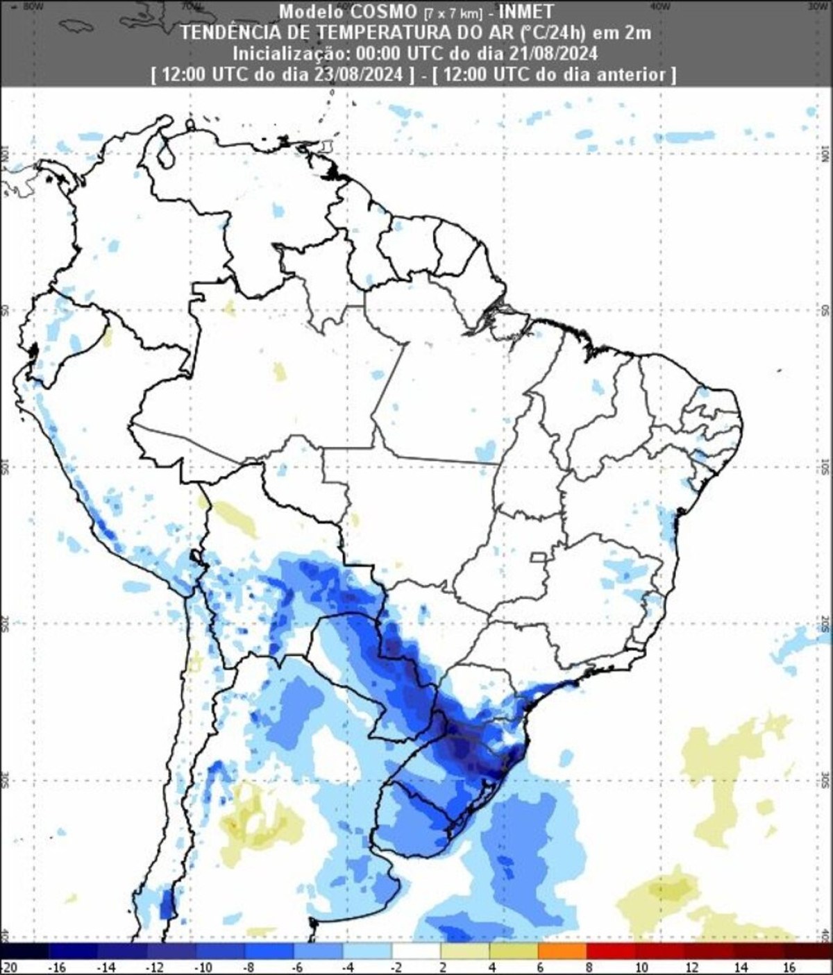 23/8 às 9h, frente fria alcança o Sul do país