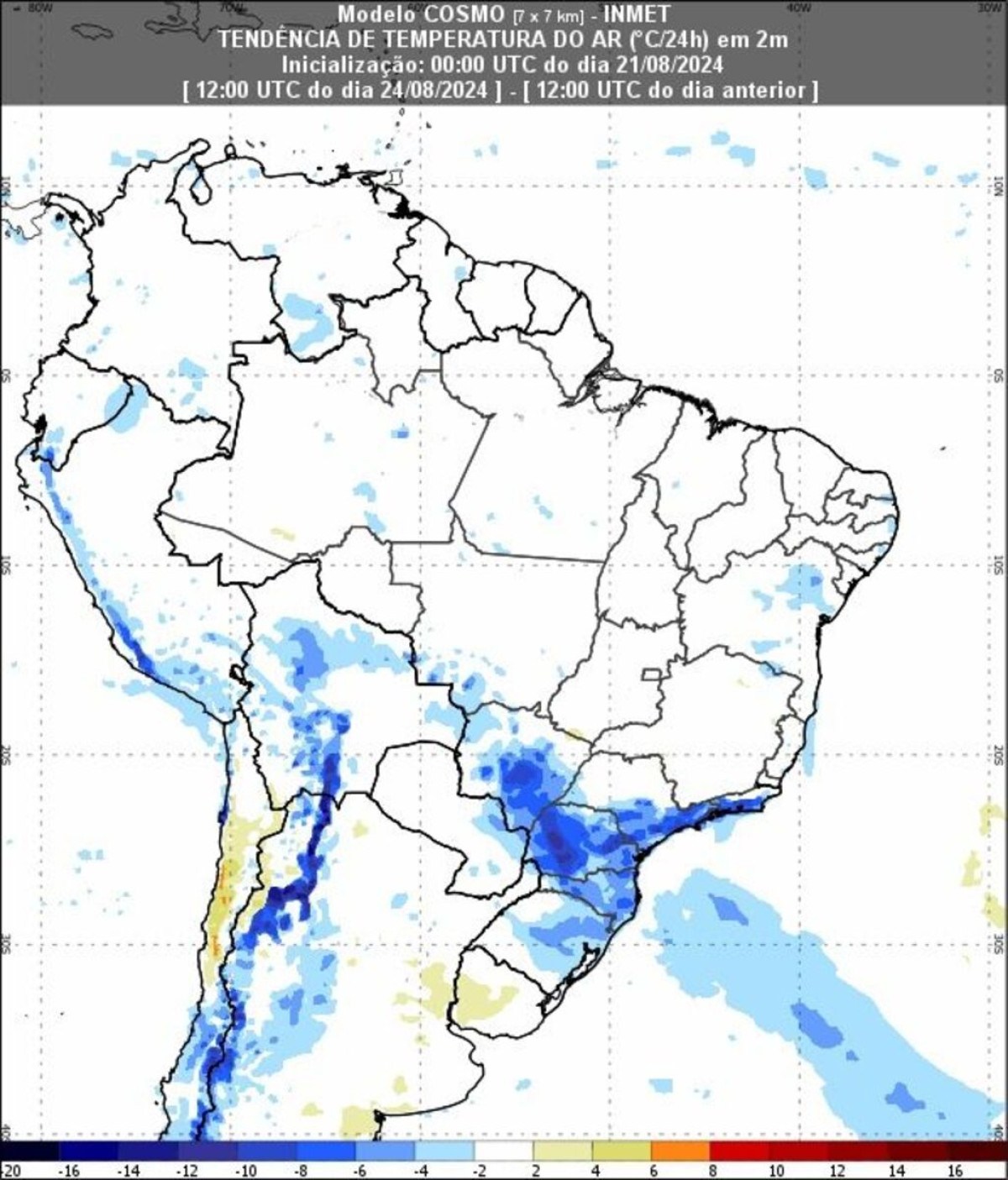 24/8 às 9h, frente fria se espalha e chega ao Sudeste