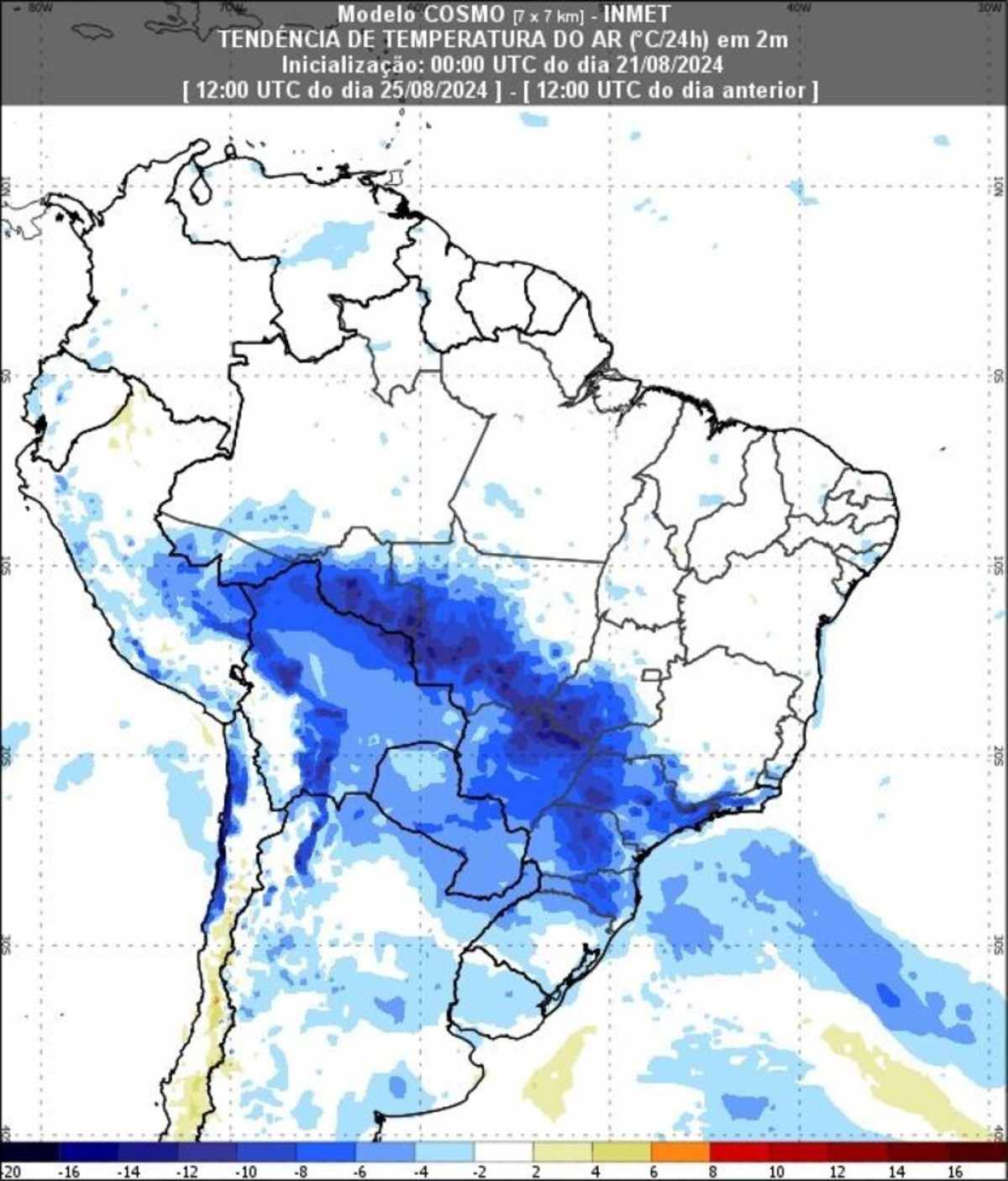 25/8 às 9h, frente fria se espalha pelo mapa