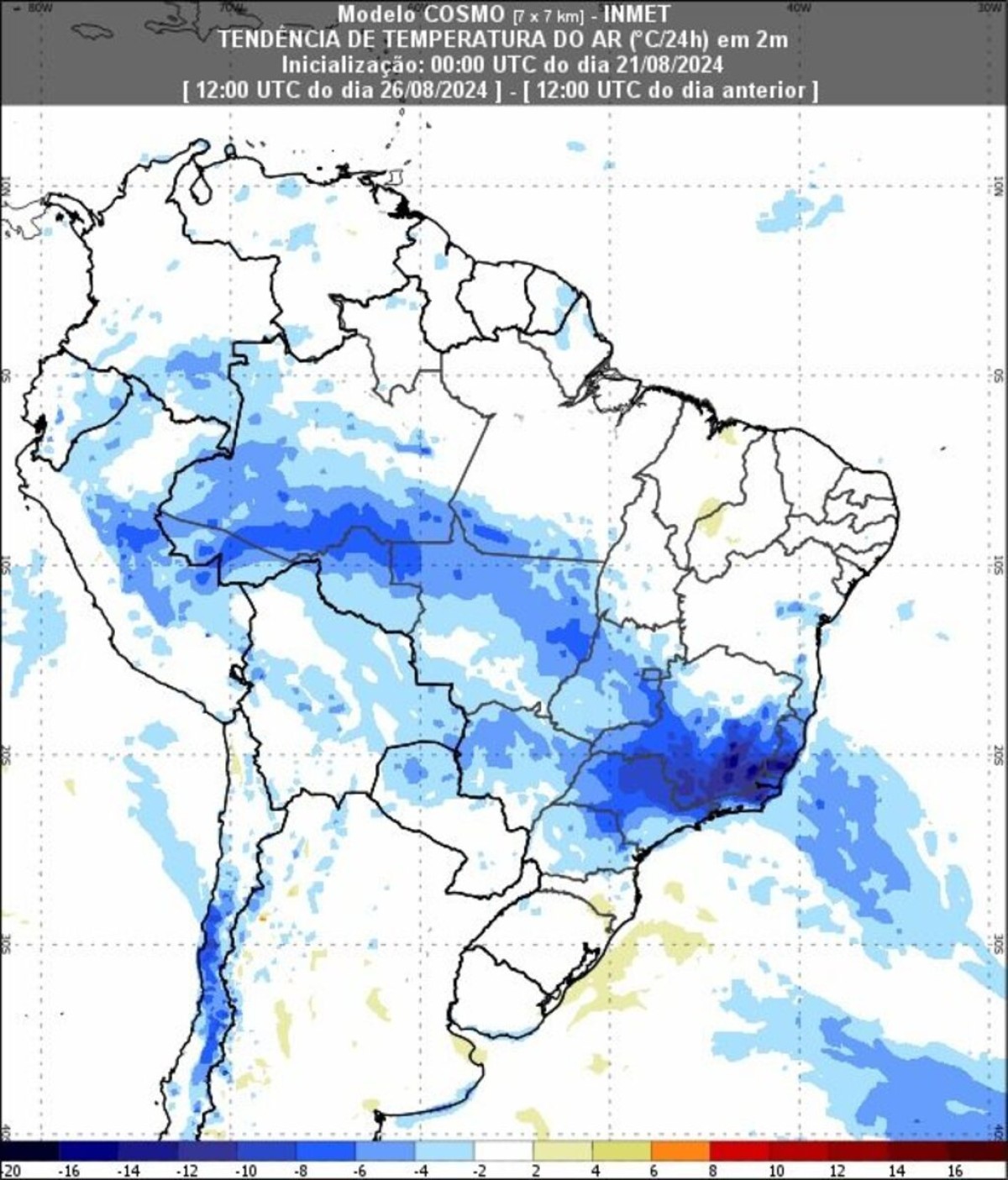 26/8 às 9h, frente fria chega ao Norte