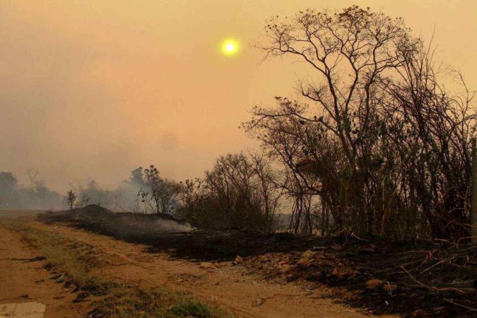 Imagem de drone mostra Ribeirão Preto coberta por fumaça proveniente de incêndios -  (crédito: Joel Silva/Reuters)