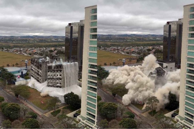 Prédio implodido fica em São José dos Campos (SP) -  (crédito: Reprodução/Instagram @grupo.kaza)