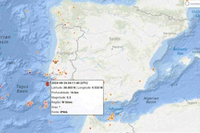 Segundo a Autoridade Nacional de Emergência e Proteção Civil, cujo epicentro se localizou a cerca de 60 km a oeste da cidade de Sines -  (crédito: Divulgação/Autoridade Nacional de Emergência e Proteção Civil)