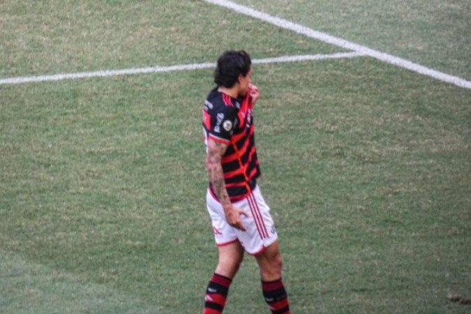 Pedro comemorando gol pelo Flamengo -  (crédito: Foto: Lucas Bayer/Jogada10)