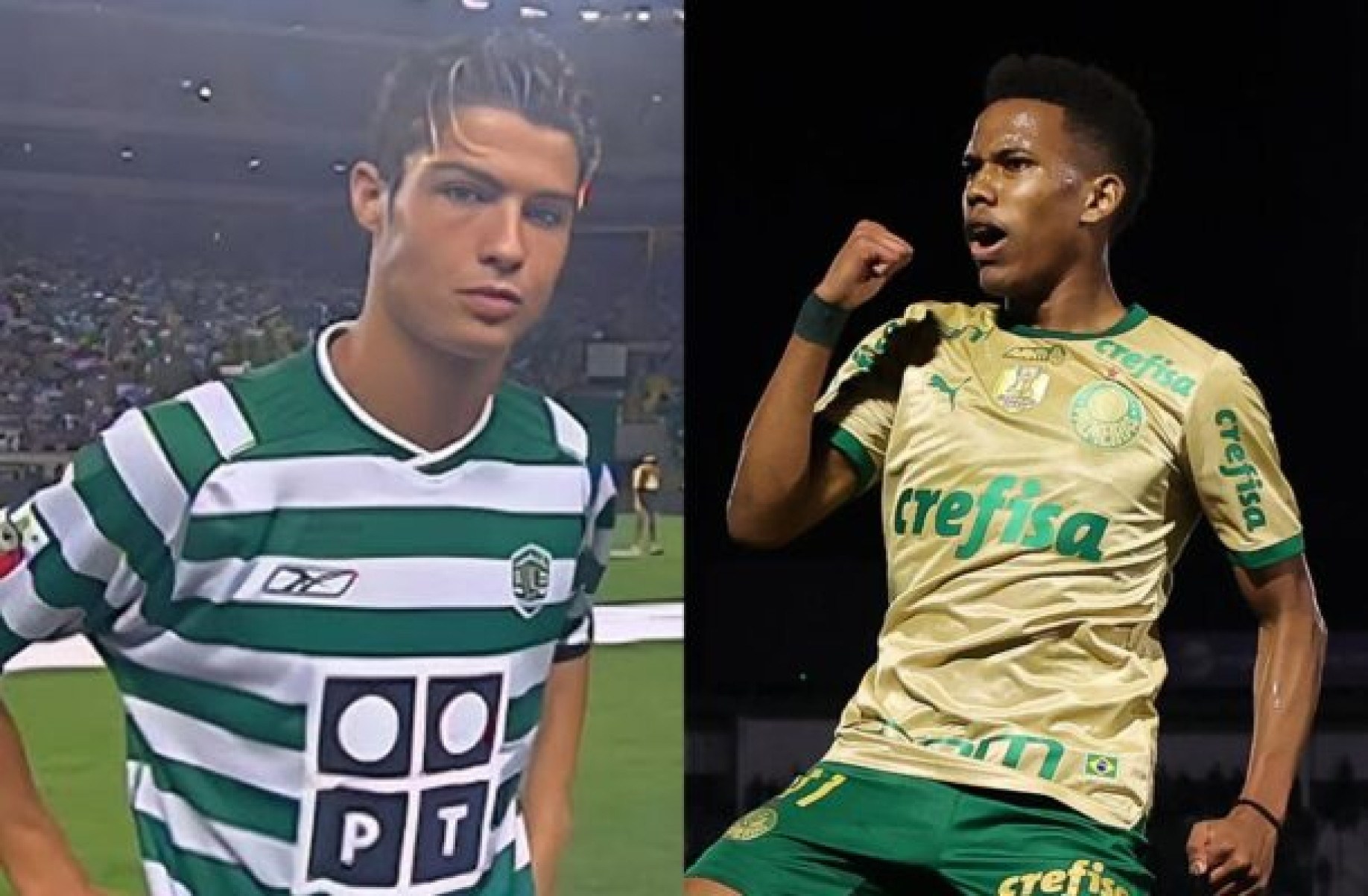 Cristiano Ronaldo e Estêvão: Turra comparou início do brasileiro com o português no Sporting -  (crédito: Fotos: Reprodução/YouTube e Cesar Greco/Palmeiras)