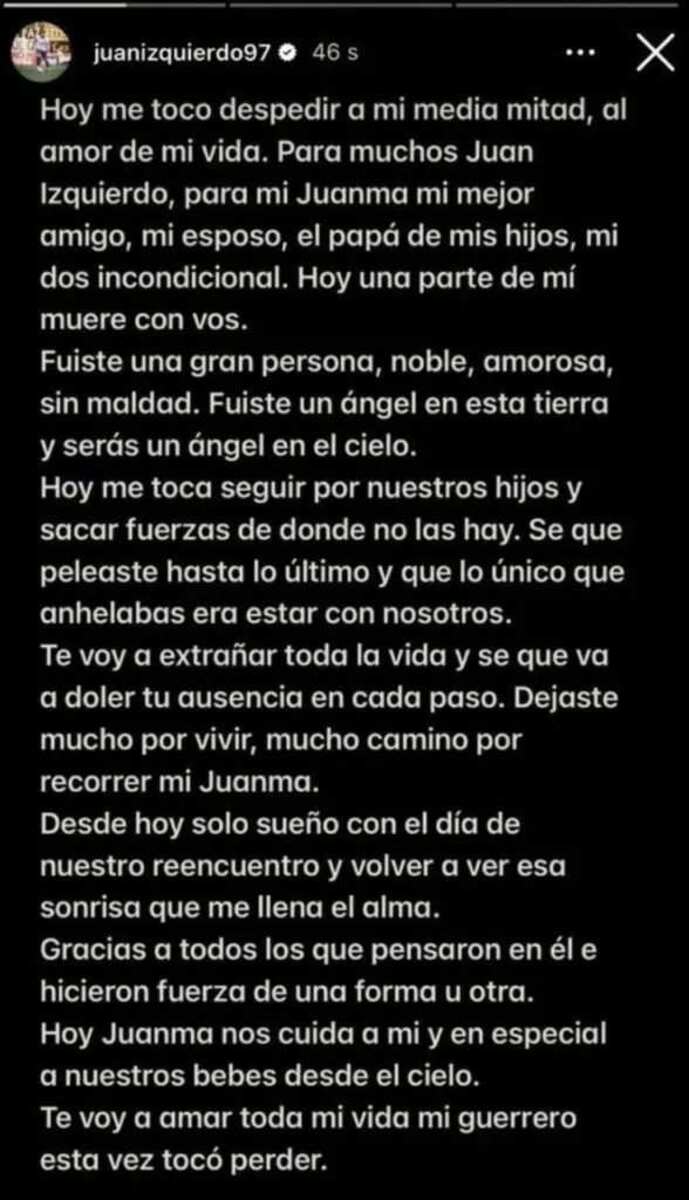 Mensagem de despedida de Selena, esposa do jogador Juan Izquierdo