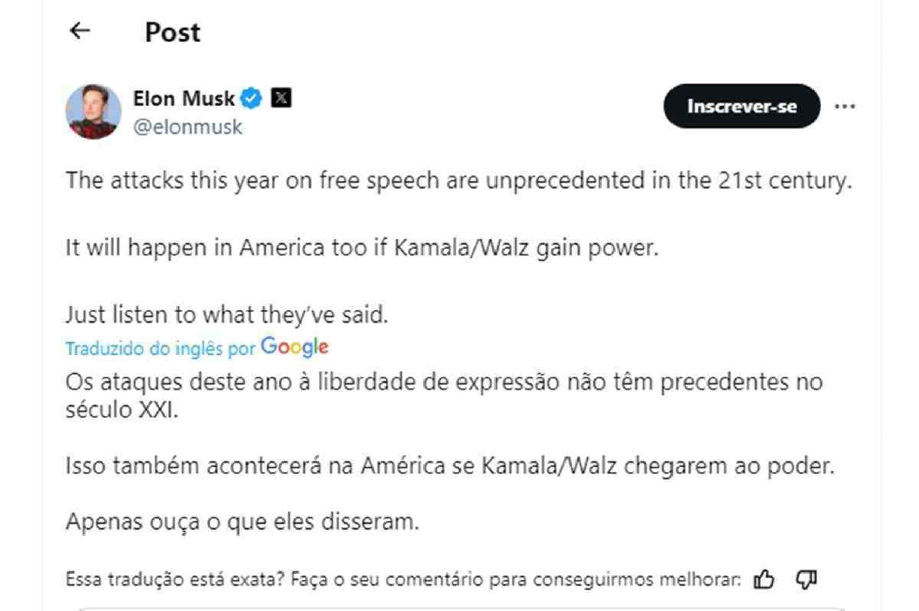 Postagem de Elon Musk no X