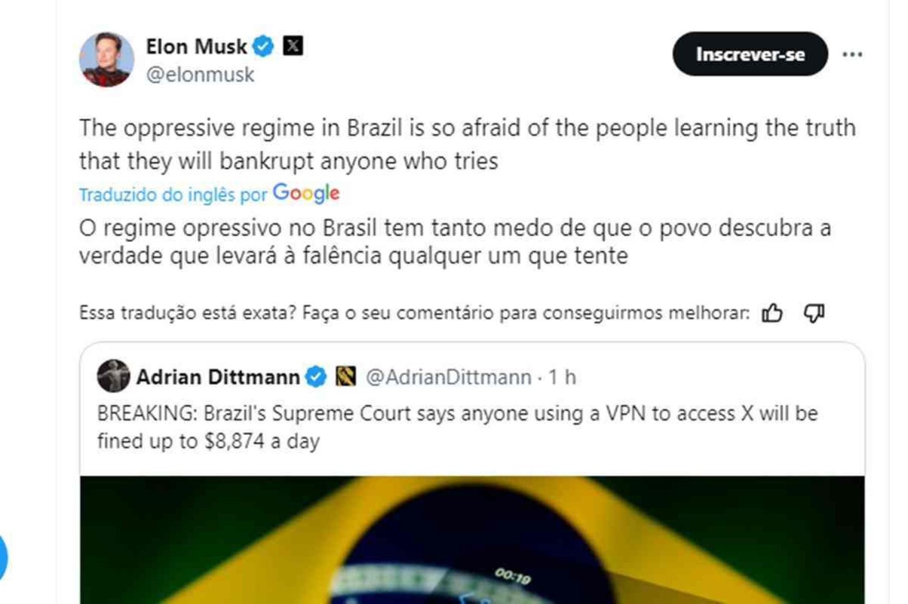 Postagem de Elon Musk no X