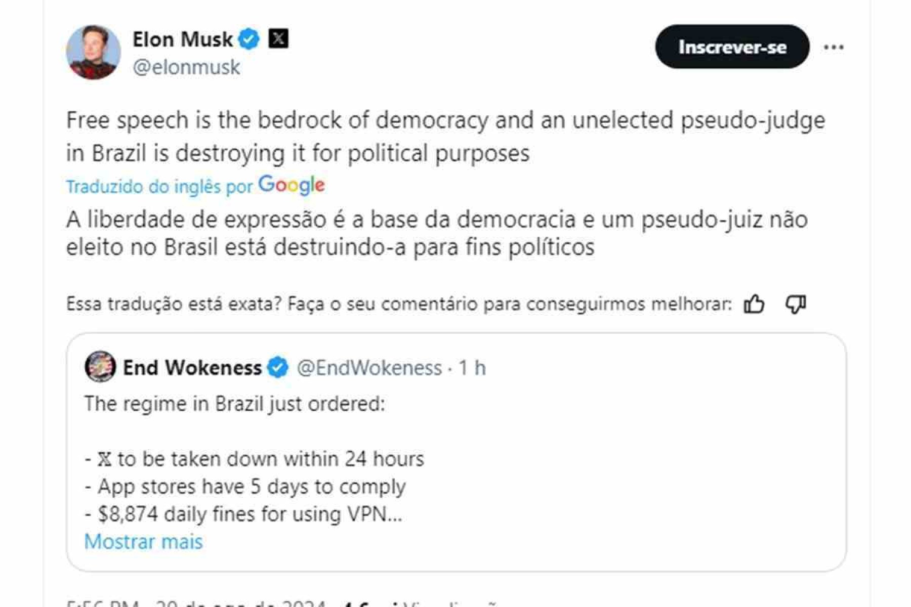 Publicao de Elon Musk no X