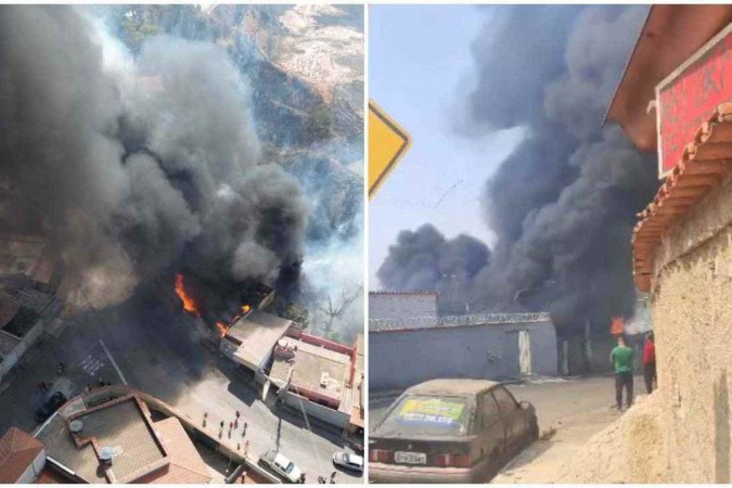 De acordo com os bombeiros, o fogo teve início em área de vegetação e rapidamente atingiu dois imóveis -  (crédito: Corpo de Bombeiros)