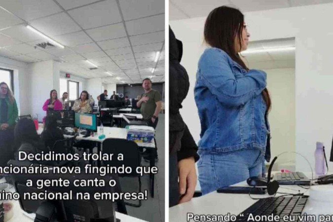 Mulher cantou o Hino Nacional em uma pegadinha na empresa -  (crédito: Reprodução / redes sociais)