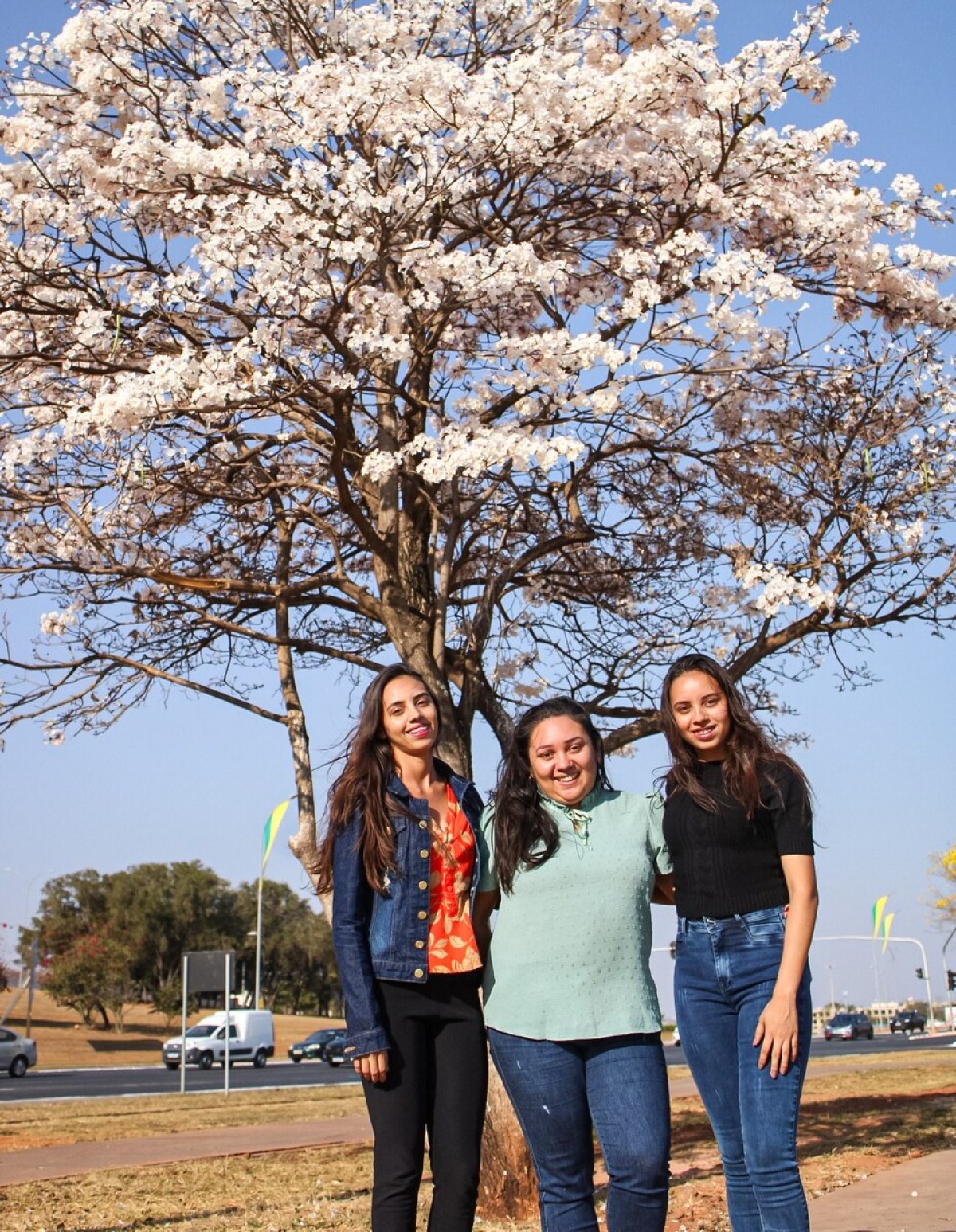 Hilana (C) levou as irmãs Thalia e Thalita para apreciar a floração 