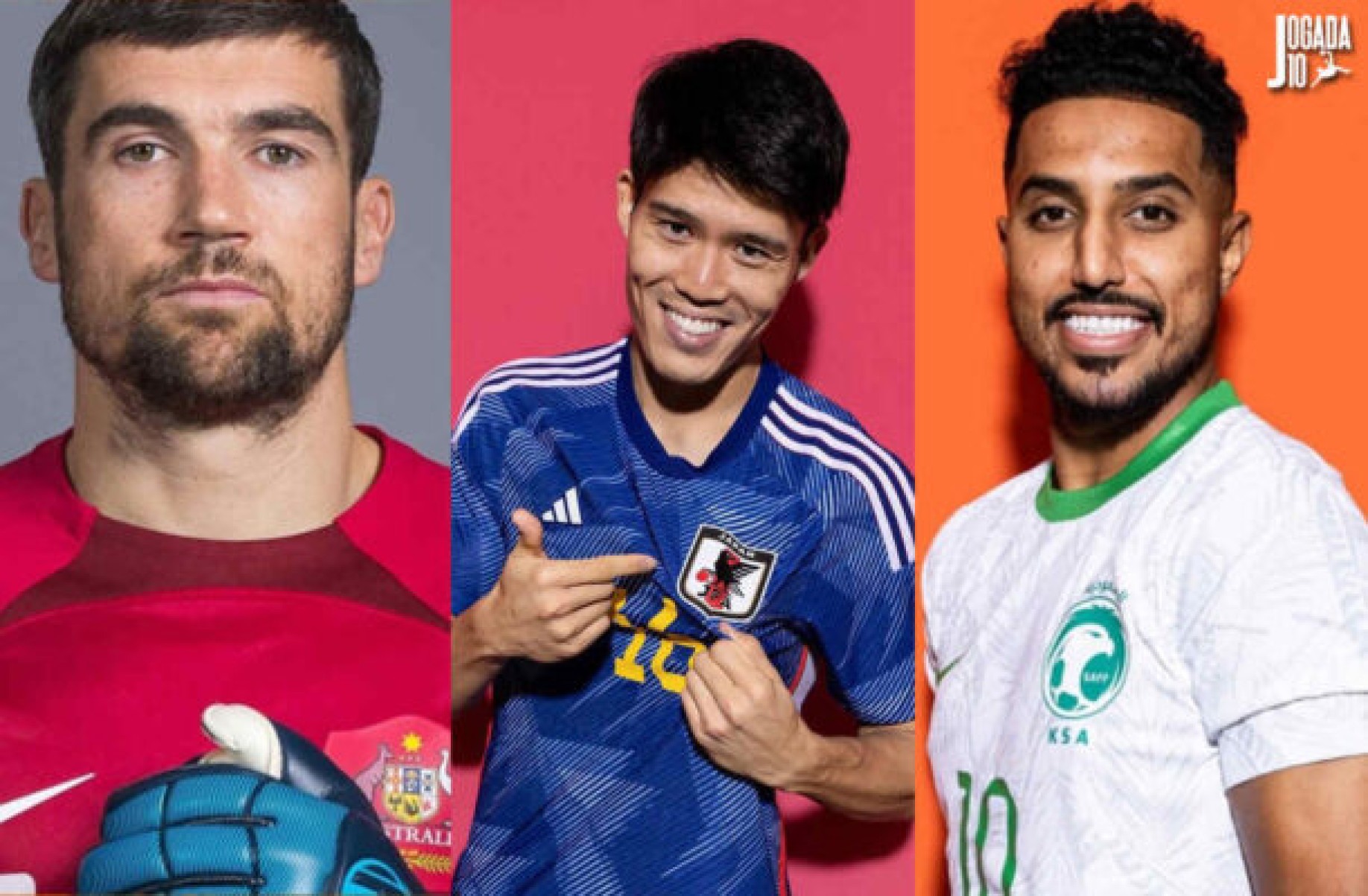 Ryan (Austrália), Tomyiasu (Japão) e Al Dawsari (Arábia Saudita) em ação nesta quinta nas Eliminatórias da Ásia -  (crédito: Fotos: Divulgação/FIFA)