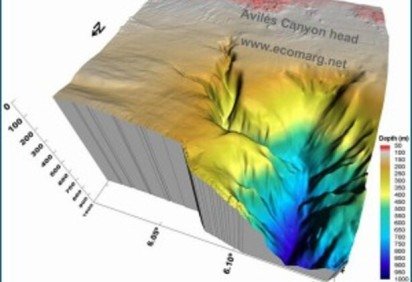 O cânion mais profundo do mundo fica na costa da Espanha . É o Canyon de Avilés, conhecido como Caladero de Carrandi.Na ilustração, o tom mais escuro do azul  é o ponto mais abaixo da superfície, que chega a 4.700 metros de profundidade.  -  (crédito: Ecomarg wikimedia commons)