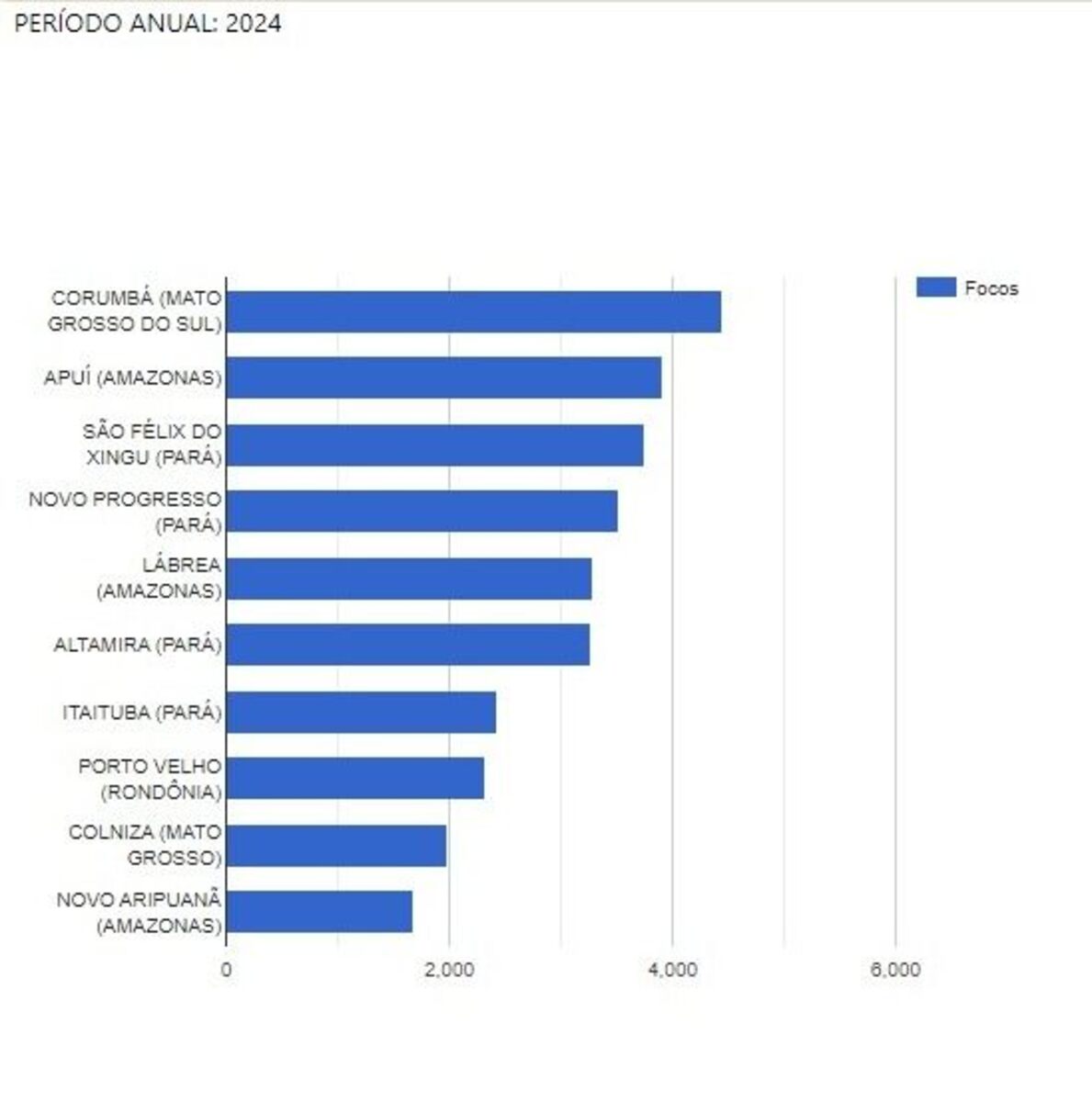 Focos de incêndio por municípios em 2024