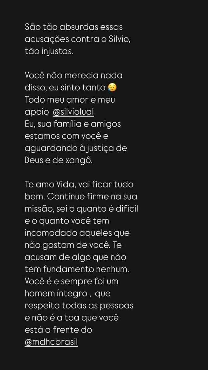 Mensagem de Ednéia Carvalho após denúncia de assédio sexual contra o marido, o ministro Silvio Almeida