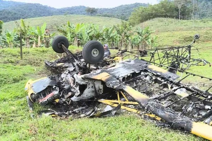 Segundo apuração da Tv Tribuna, a aeronave fazia a pulverização de um terreno quando caiu -  (crédito:  Rinaldo Rori/TV Tribuna/Reprodução)