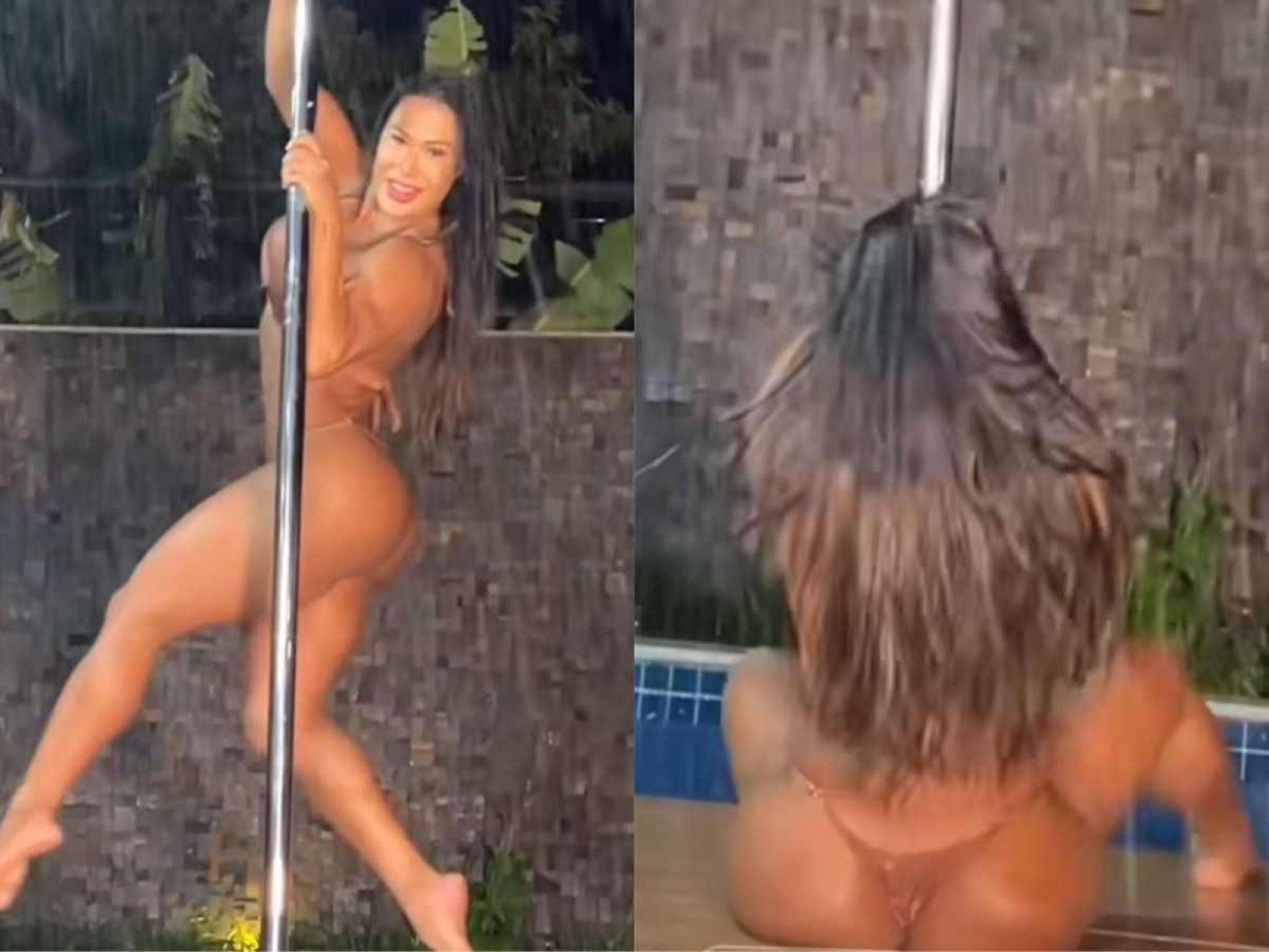 Gracyanne faz pole dance na chuva e se estabaca no chão