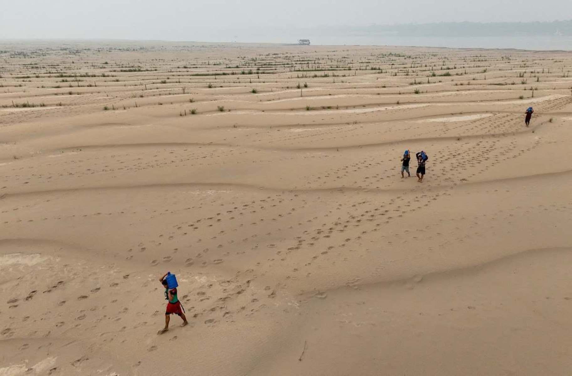 Pessoas carregam água potável ao longo de um banco de areia do Rio Madeira na Comunidade Paraizinho, em Humaitá, estado do Amazonas, norte do Brasil, em 7 de setembro de 2024      