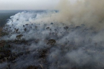 Vista aérea de um incêndio ilegal na floresta amazônica às margens da BR-230 (Rodovia Transamazônica), próximo à cidade de Lábrea, no Amazonas -  (crédito: MICHAEL DANTAS / AFP)