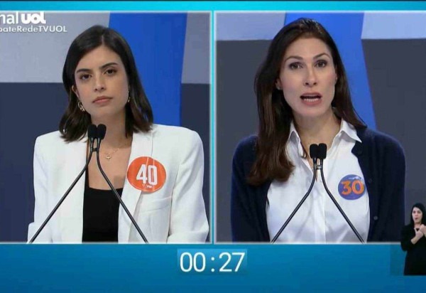 Nos bastidores, Tabata ameaçou processar a candidata do Novo pela acusação -  (crédito: Reprodução/Debate RedeTV/UOL)