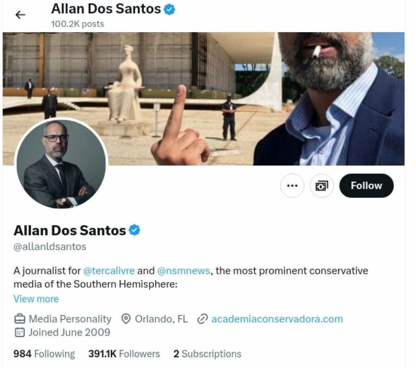 Perfil de Allan dos Santos no X nesta quarta-feira (18/9), bolsonarista ganhou quase 30 mi, seguidores durante bloqueio