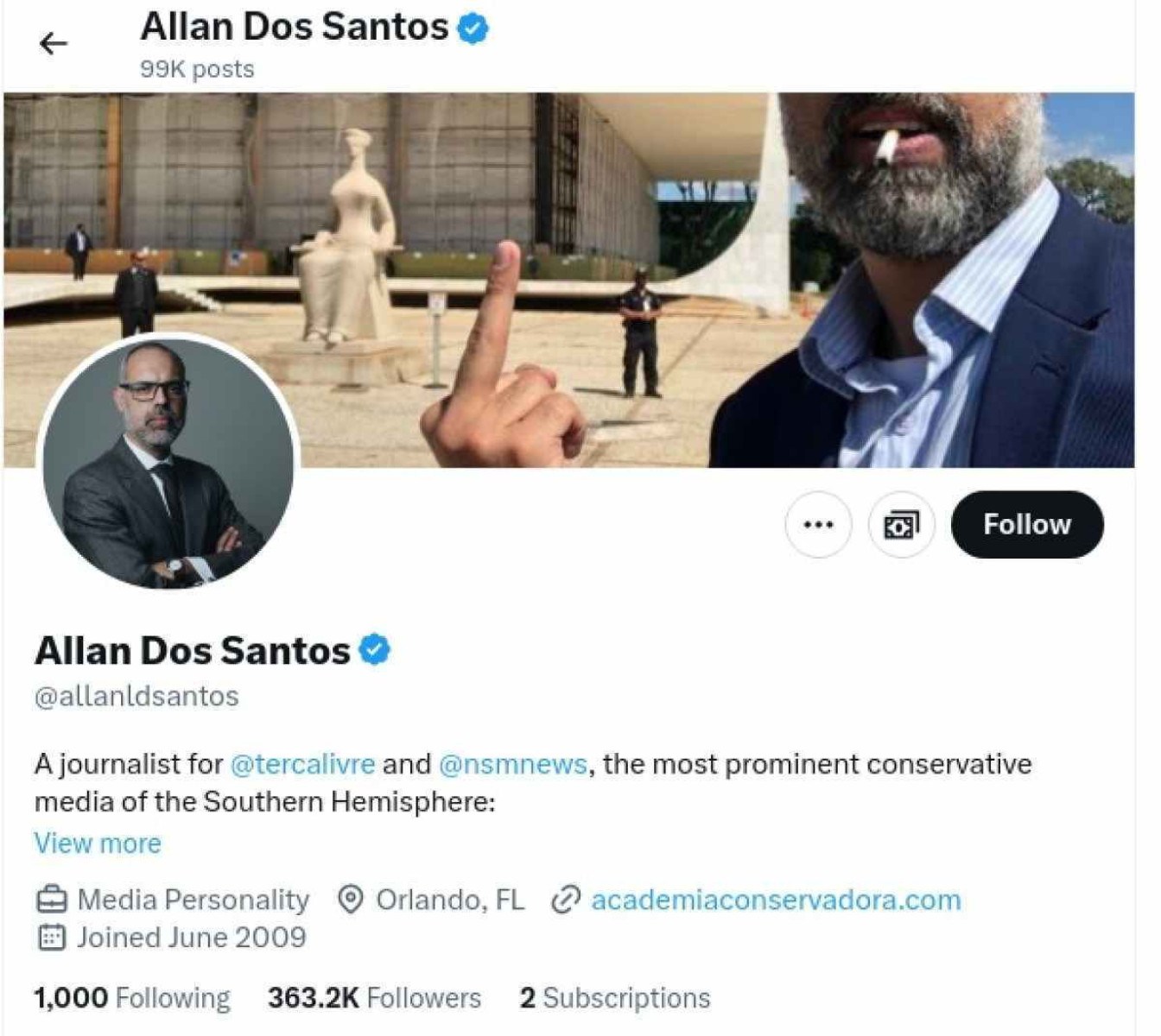 Perfil de Allan dos Santos no X em 1º de setembro, um dia após bloqueio da rede social no Brasil