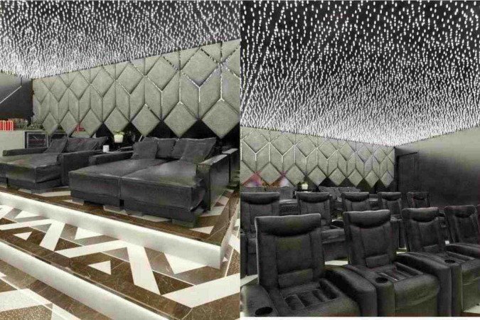 Um dos destaques é a sala de cinema, equipada com poltronas de couro pretas reclináveis que se transformam em camas