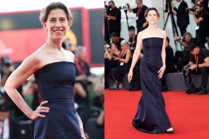 O vestido azul marinho usado por Fernanda Torres no Festival de Veneza foi criado pelo estilista brasileiro Alexandre Herchcovitch: modelo foi feito sob medida para a atriz