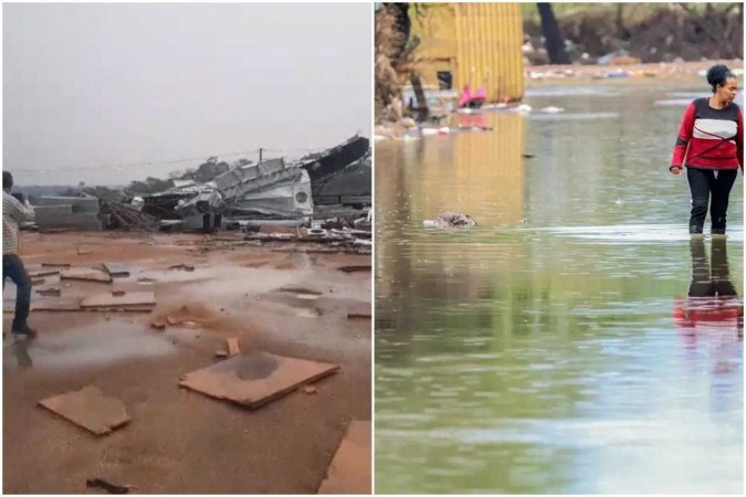 A primeira foto mostra um silo destruído por temporal em Rondônia. Já o segundo registro mostra alagamento causado pela chuva no Rio Grande do Sul -  (crédito: Material cedido ao Correio e Bruno Peres/Agência Brasil)