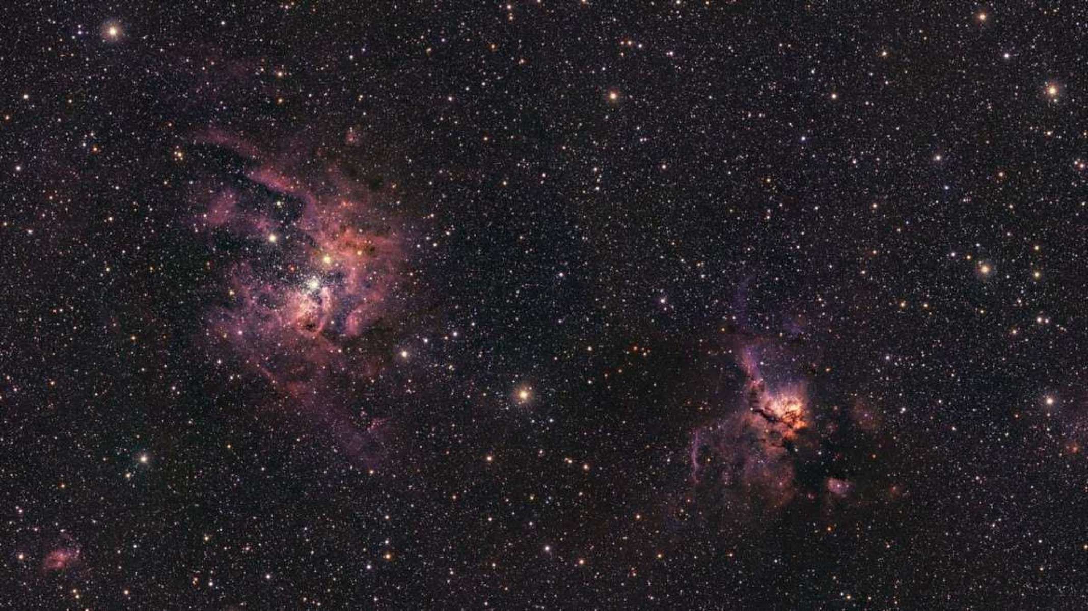 Imagem de NGC 3603 (esquerda) e NGC 3576 (direita), duas impressionantes nebulosas obtidas com o Visible and Infrared Survey Telescope for Astronomy (VISTA) do ESO