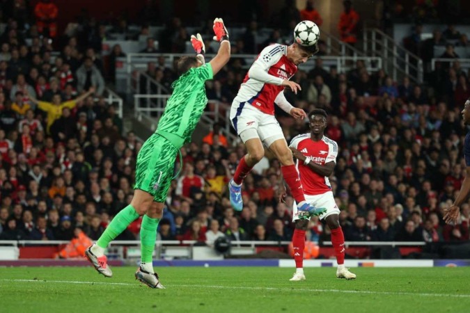 Kai Havertz aproveitou saÃ­da errada de Donnarumma para abrir o caminho da vitÃ³ria do Arsenal contra o PSG -  (crédito: AFP)