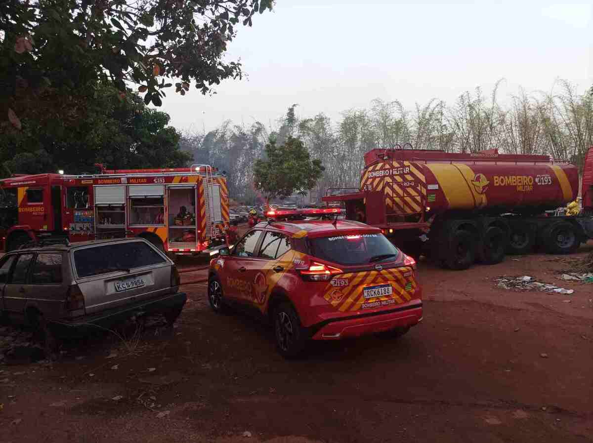 Equipes do Corpo de Bombeiros Militar de Goiás foram acionadas para atender a um incêndio em veículos na garagem da Secretaria Municipal de Mobilidade, em Goiânia