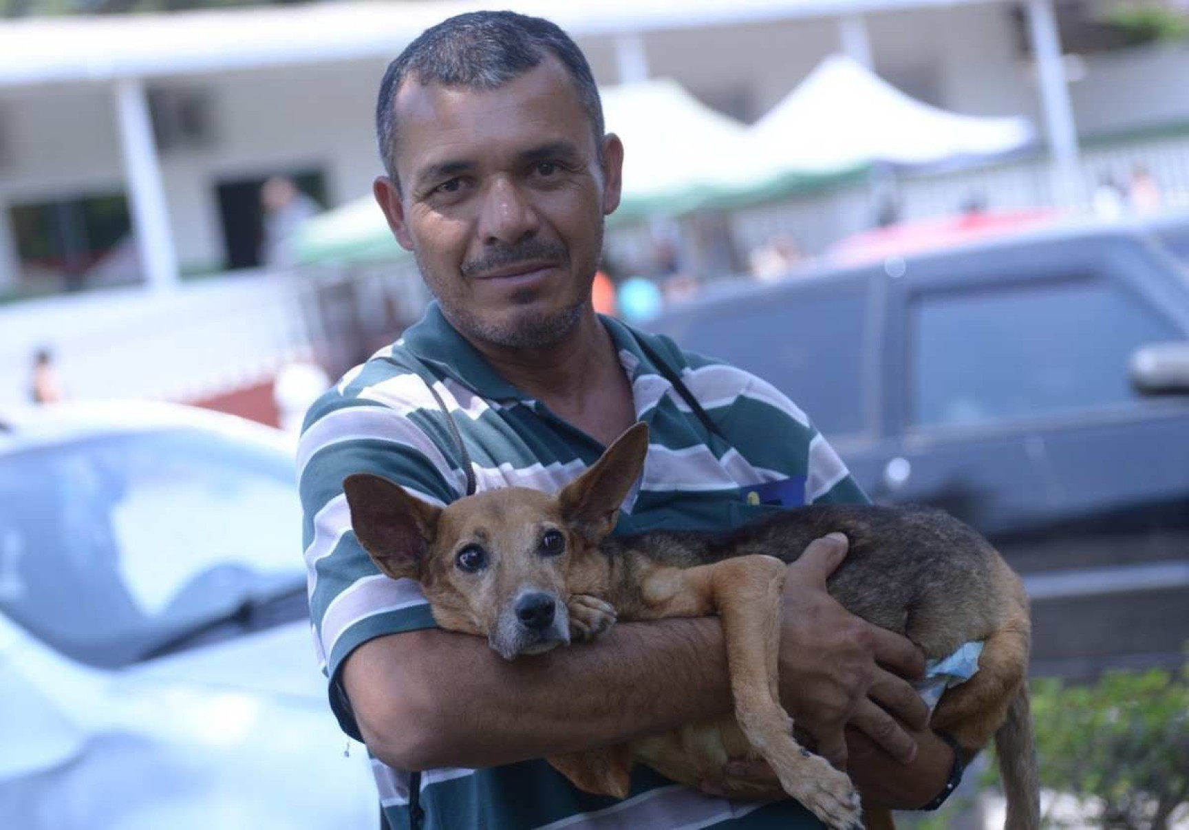 Nos braços de Fancisco Cabral, 50, o cachorro Teddy, 13, recebeu a esperada benção