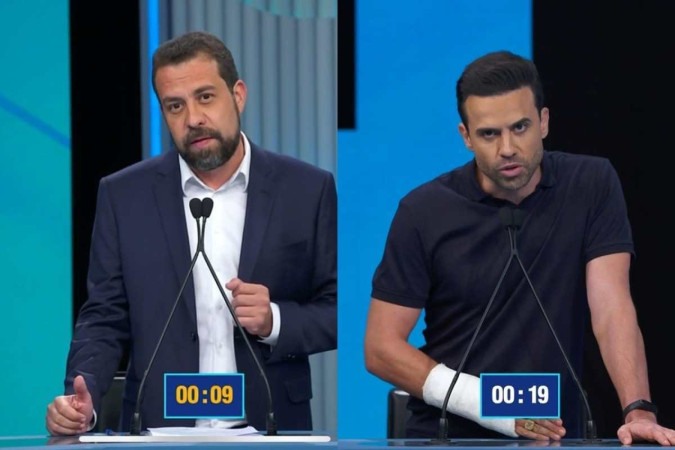 Juíz determinou exclusão de vídeos caluniosos publicados por Pablo Marçal sobre Guilherme Boulos. Na imagem, candidatos no debate da Globo -  (crédito: Reprodução/Rede Globo)