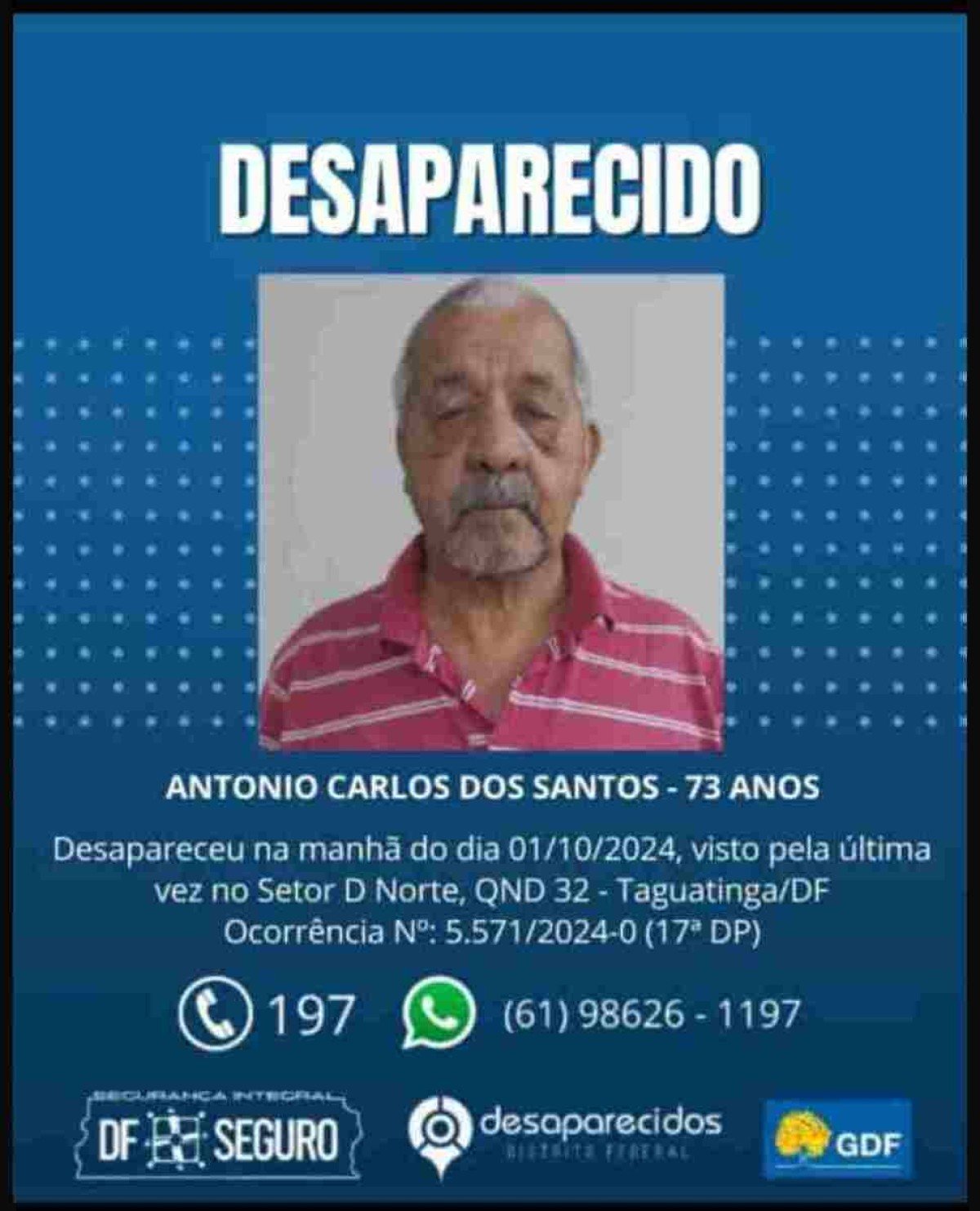 Antônio está desaparecido desde terça (1º/10)