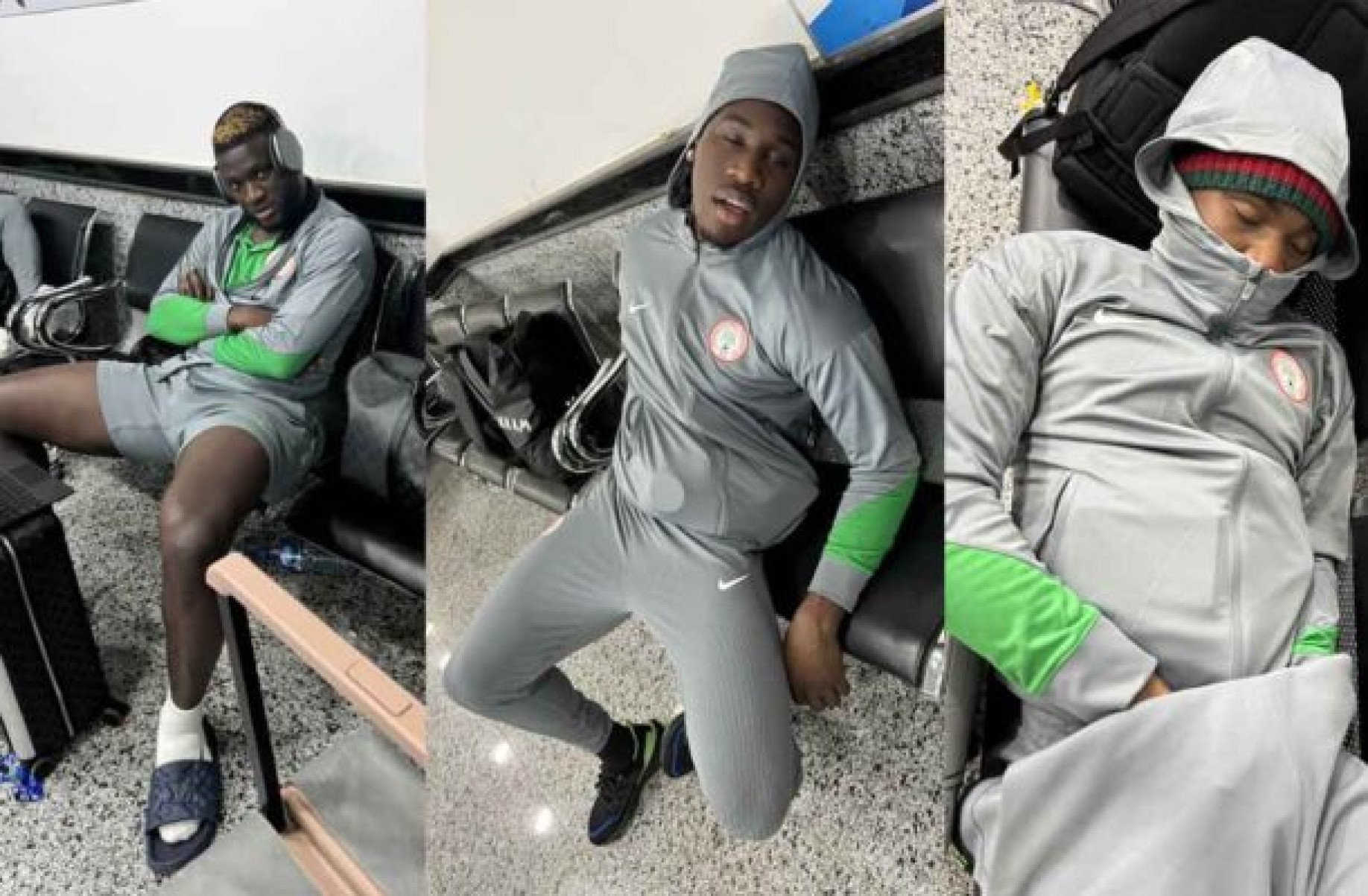 Após desembarcar na Líbia, jogadores da Nigéria tiveram que dormir no aeroporto, pois não receberam liberação de ir a hotel - (crédito: Foto: Reprodução Twitter @PoojaMedia) Após desembarcar na Líbia, jogadores da Nigéria tiveram que dormir no aeroporto, pois não receberam liberação de ir a hotel - (crédito: Foto: Reprodução Twitter @PoojaMedia)