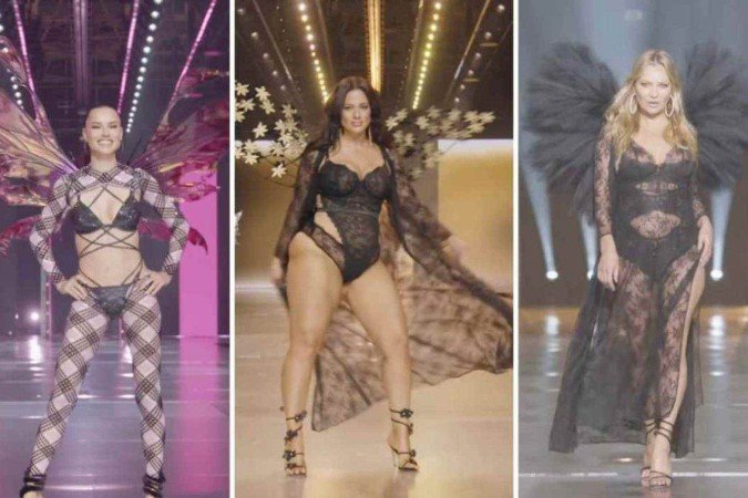 Adriana Lima, Ashley Graham e Kate Moss em desfile da Victoria's Secret - (crédito: Reprodução / Victoria's Secret) Adriana Lima, Ashley Graham e Kate Moss em desfile da Victoria's Secret - (crédito: Reprodução / Victoria's Secret)