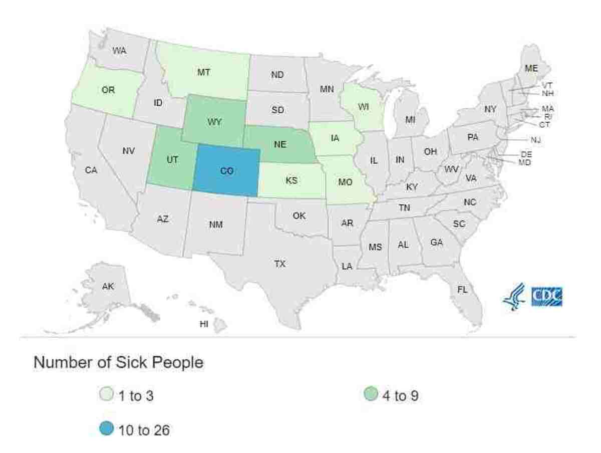 Mapa de contagem de casos de contaminação por E. coli nos Estados Unidos fornecido pelo CDC