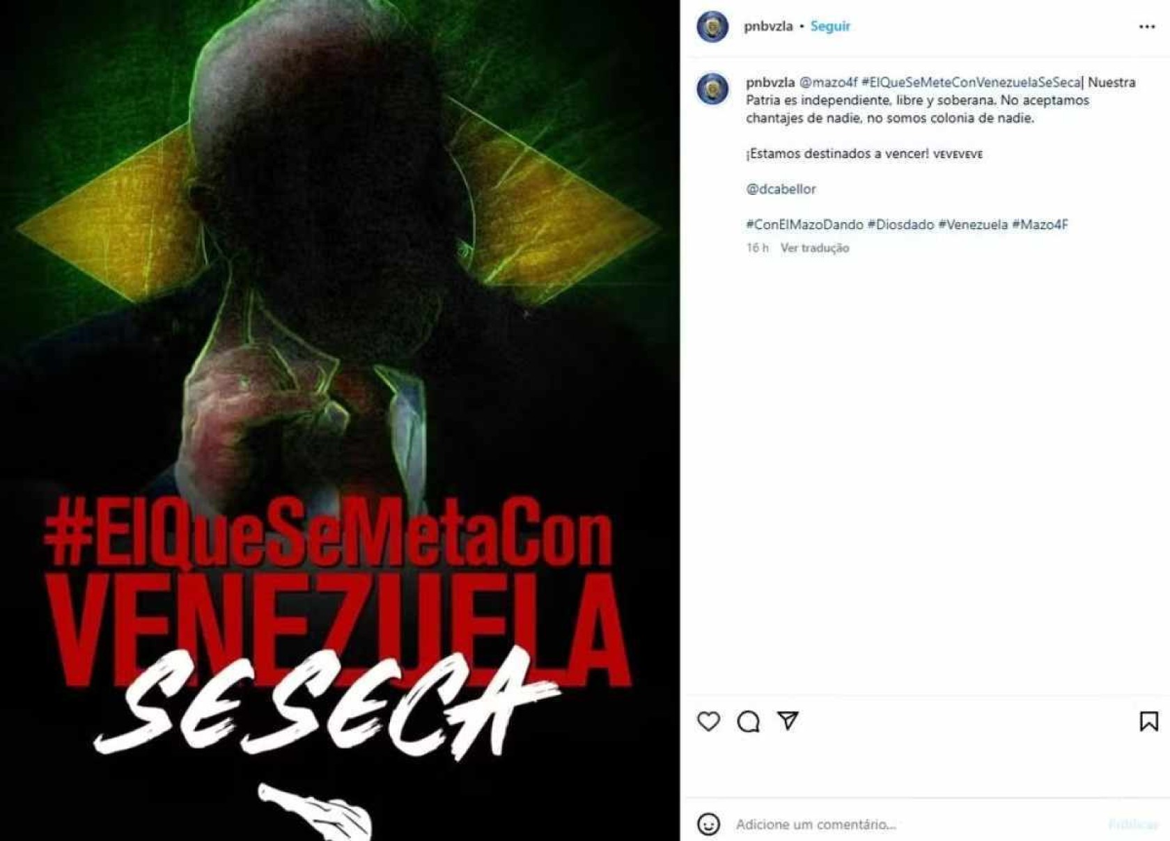 Polícia venezuelana faz postagem em tom de ameaça com a bandeira do Brasil